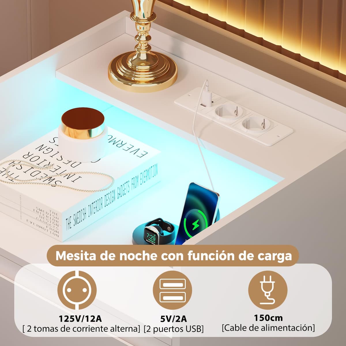 ANWBROAD Mesita de Noche con Enchufes Integrados,Mesilla de Noche con Tira de Luces LED,3 Cajones 1 Compartimento,Mesita de Noche Moderna para Dormitorios Salones (2, Blanco) BNS014W — view 4