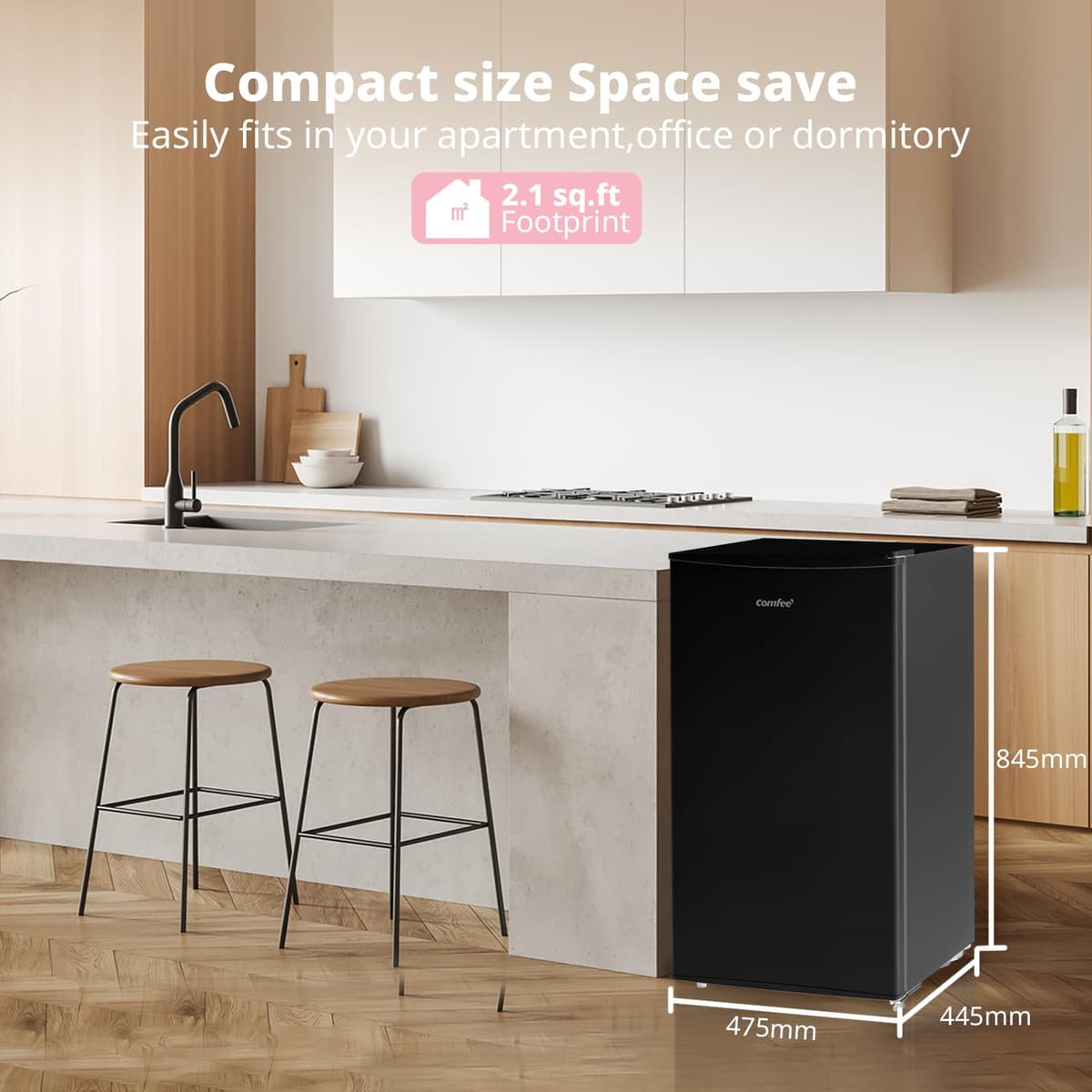 COMFEE' RCU60BL2UK(E) 60 Litre Freestanding Under Counter, 48cm Upright Freezer Adjustable Thermostat, Reversible Door, 4 Star Freezer Rating Drawer, Black — view 3