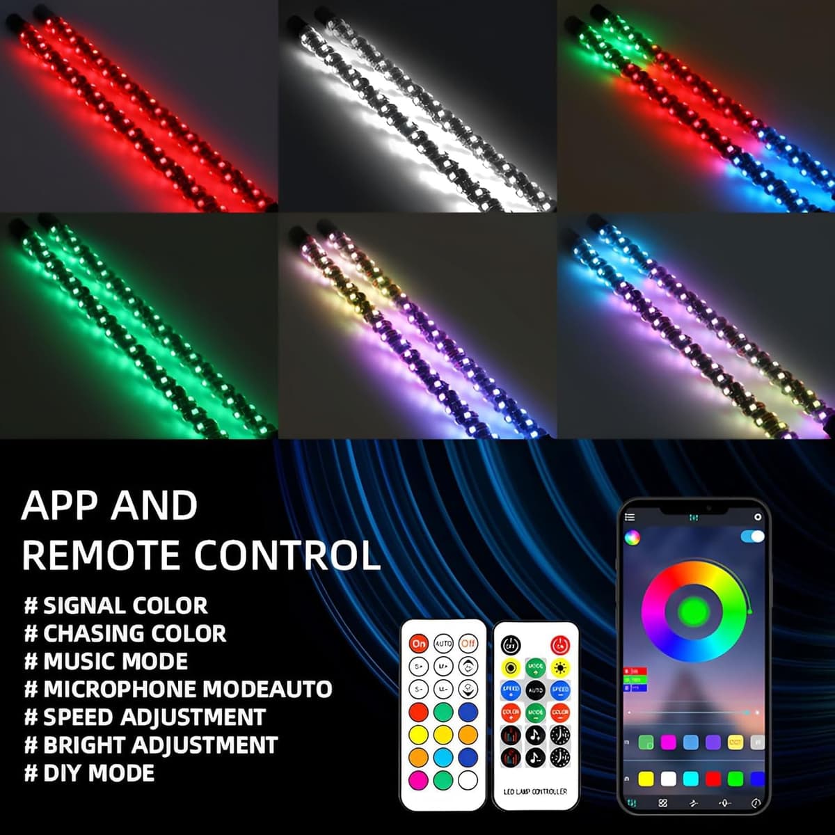 2 Pack 3FT Whip Lights, LED Whip Light with App & Remote Control, Spiral RGB Chasing Lighted Antenna Whips, Whip Light for UTV ATV RZR SXS Can-Am Dune Buggy Offroad Truck (3FT) — view 3
