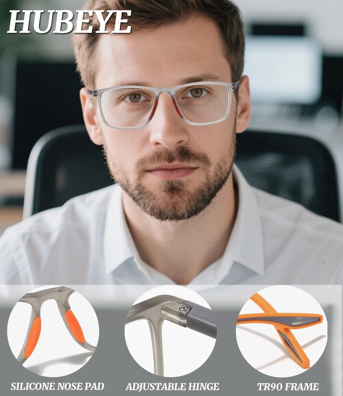 Hubeye Gafas de lectura deportiva para mujeres y hombres ultraligeras anteojos de lectura gafas anti luz azul (Negro+Naranja, 1.75) — view 3