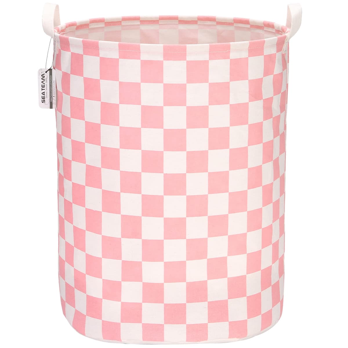 Sea Team 19.7 Inch Large Sized Waterproof Coating Ramie Cotton Fabric Folding Laundry Hamper Bucket Cylindric Burlap Canvas Storage Basket with Stylish Grid Pink Design