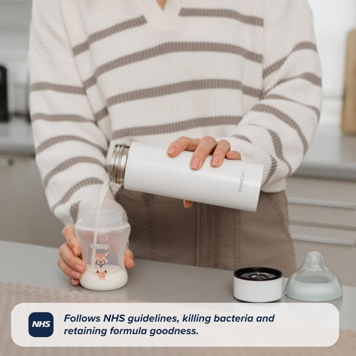 Nuby RapidCool Portable Baby Bottle Maker - Formula Feed in 2 Minutes | Ideal for Travel Bottles and Night Feeds | Includes Milk Powder Dispenser and Digital Lid | No Filter Needed (White) — view 7
