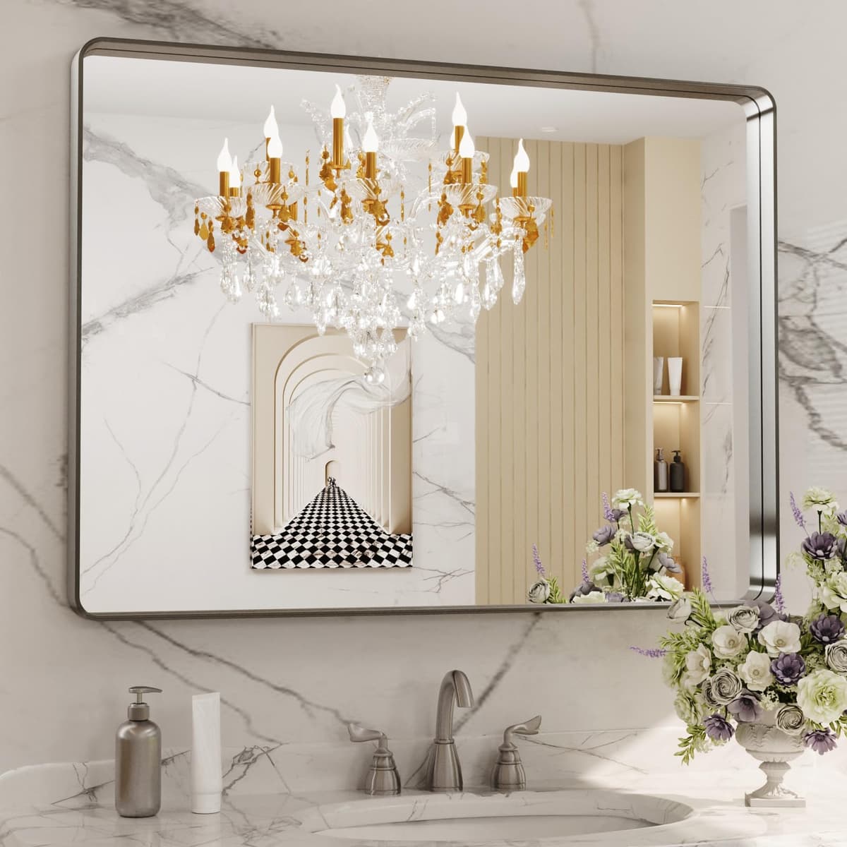 LOAAO 48”X36” Gold Bathroom Mirror, Rounded Rectangle Gold Frame Mirror, Brushed Gold Bathroom Vanity Mirror Wall-Mounted, Anti-Rust, Tempered Glass, Hangs Horizontally or Vertically — view 24