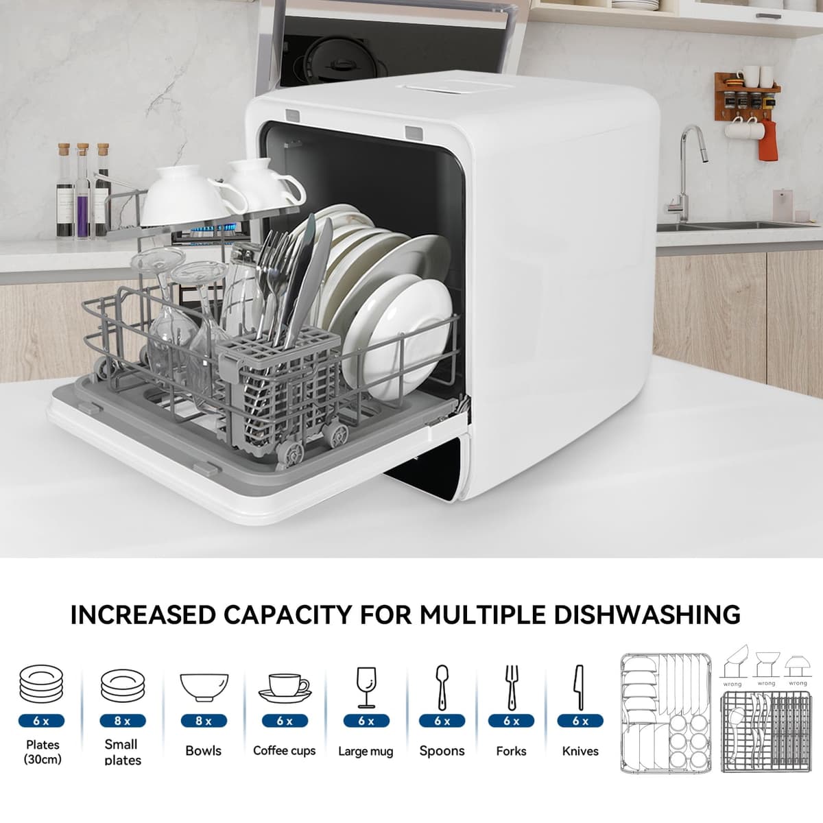 eklipt Portable Countertop Dishwasher, Mini Dishwasher, 4.8L Built-in Water Tank, 7 Programmes, 37 * 51cm Ultra-Narrow & Deep Design, Touch Control & 360° Dual Spray, Hose/No-Hose Setup, Black — view 5