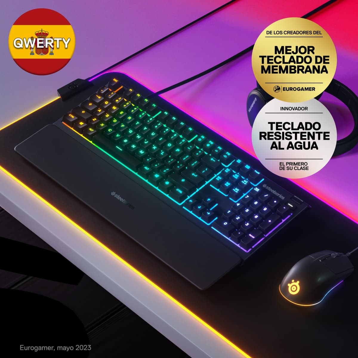 SteelSeries Apex 3 - Teclado Gaming - Iluminación RGB de 10 zonas - Resistencia al agua IP32 - Reposamuñecas magnético superior - Teclado QWERTY Español — view 2
