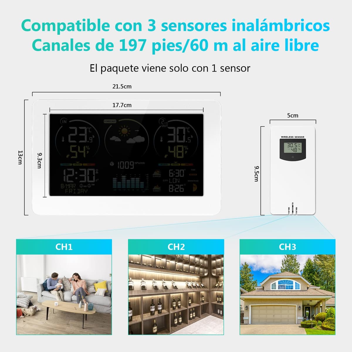 Estación meteorológica inalámbrica con sensor exterior, pantalla digital a color, reloj controlado por radio DCF, termómetro, higrómetro, estación meteorológica inalámbrica con previsión meteorológica — view 2