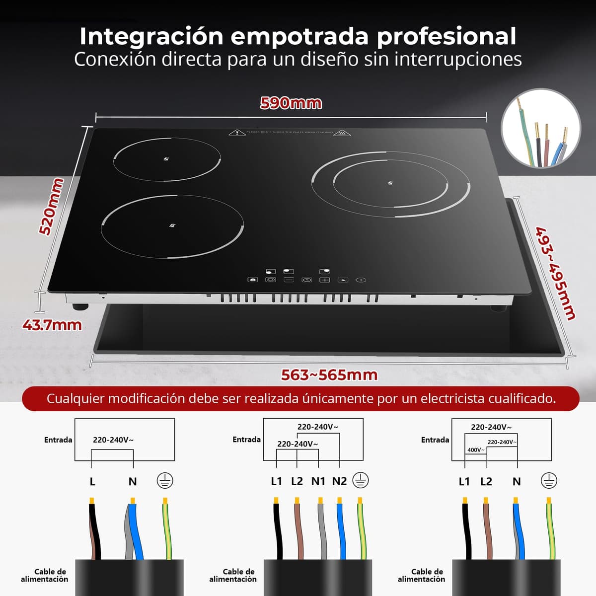 SNDOAS Placa Vitrocerámica 3 Fuegos 5200W, Vitroceramica 3 Zonas de Cocina (1200W+1800W+2200W), 9 Niveles de Calor, Seguridad para Niños, Temporizador 99 Min, Compatible con Todos los Utensilios — view 2