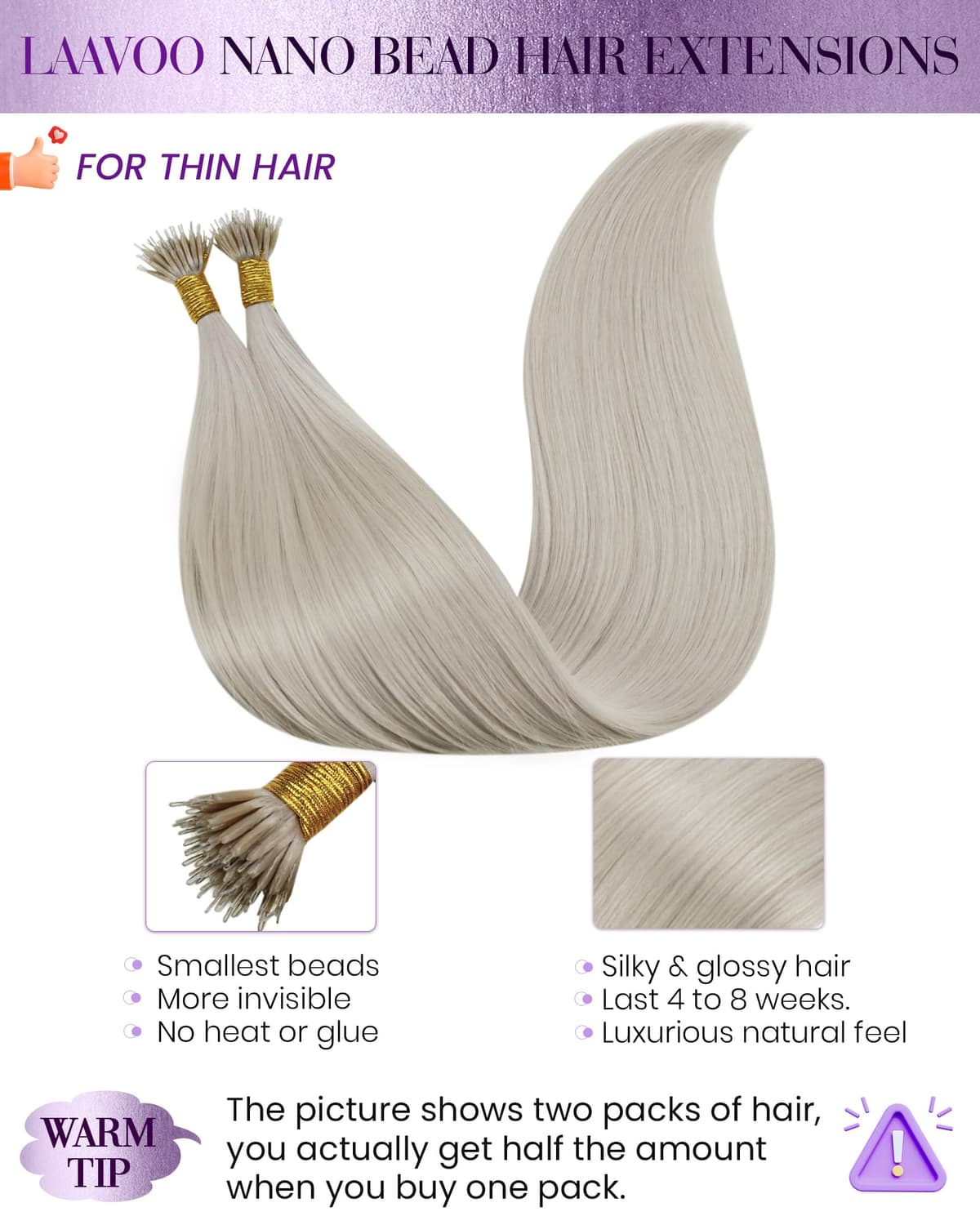 LaaVoo Nano Hair Extensions Real Human Hair Blonde Nano Beads Hair Extensions Platinum Blonde Invisible Nano Ring Straight Remy Hair 50g 50s 14 Inch #60 — view 2