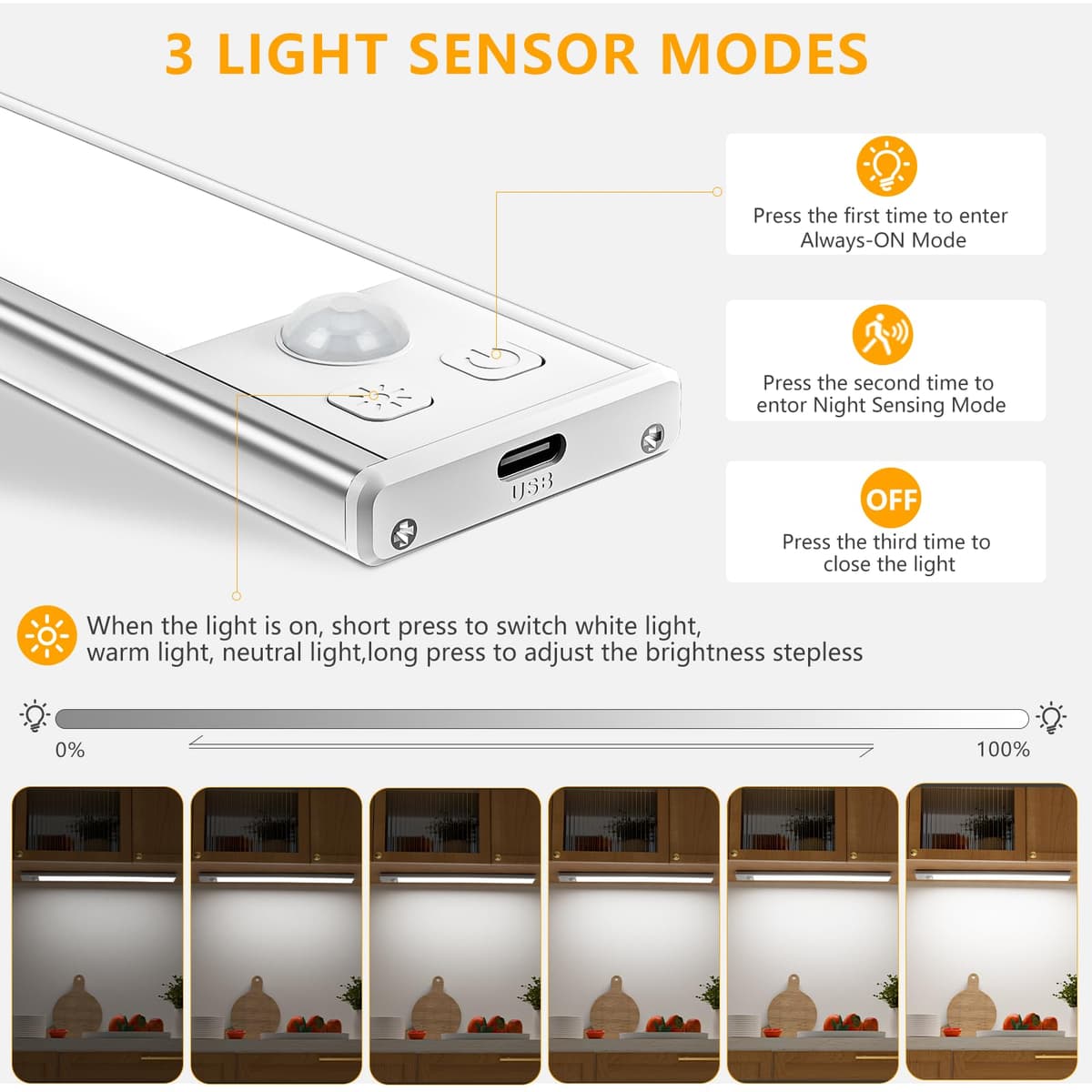 OUILA Under Cabinet Kitchen Lights, 64 LED [2 Pack] 3 Color Stepless Dimming Motion Sensor Lights Indoor, 1000mAh USB-C Rechargeable LED Lights for Cupboard, Kitchen — view 5