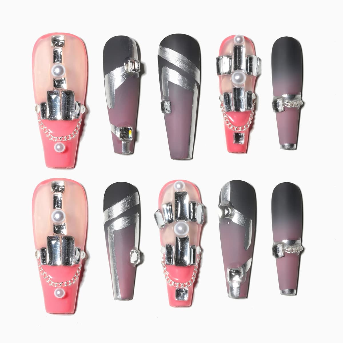 Sun&Beam Nails Handmade Press On Nail Long Coffin Ballerina Pink Flower Acrylic Fake Tip 3D Design Art Charms Cute with Storage Box 10 Pcs (S) — view 151