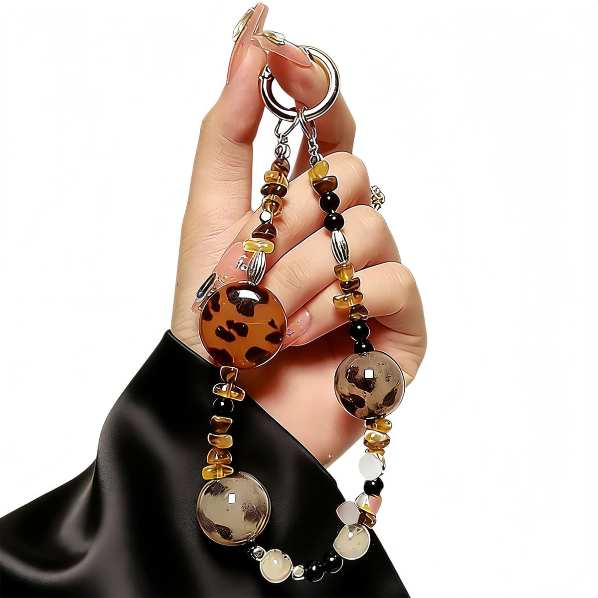 LIFCIUSO Phone Charm with Crystal/Handpainted Bead, Kawaii Hands-Free Wrist Strap for Women Girl, Cute Heart Fluffy Leopard Print Shell Bead, Luxury Bling Diamond Glitter Beaded, Phone Lanyard — view 7