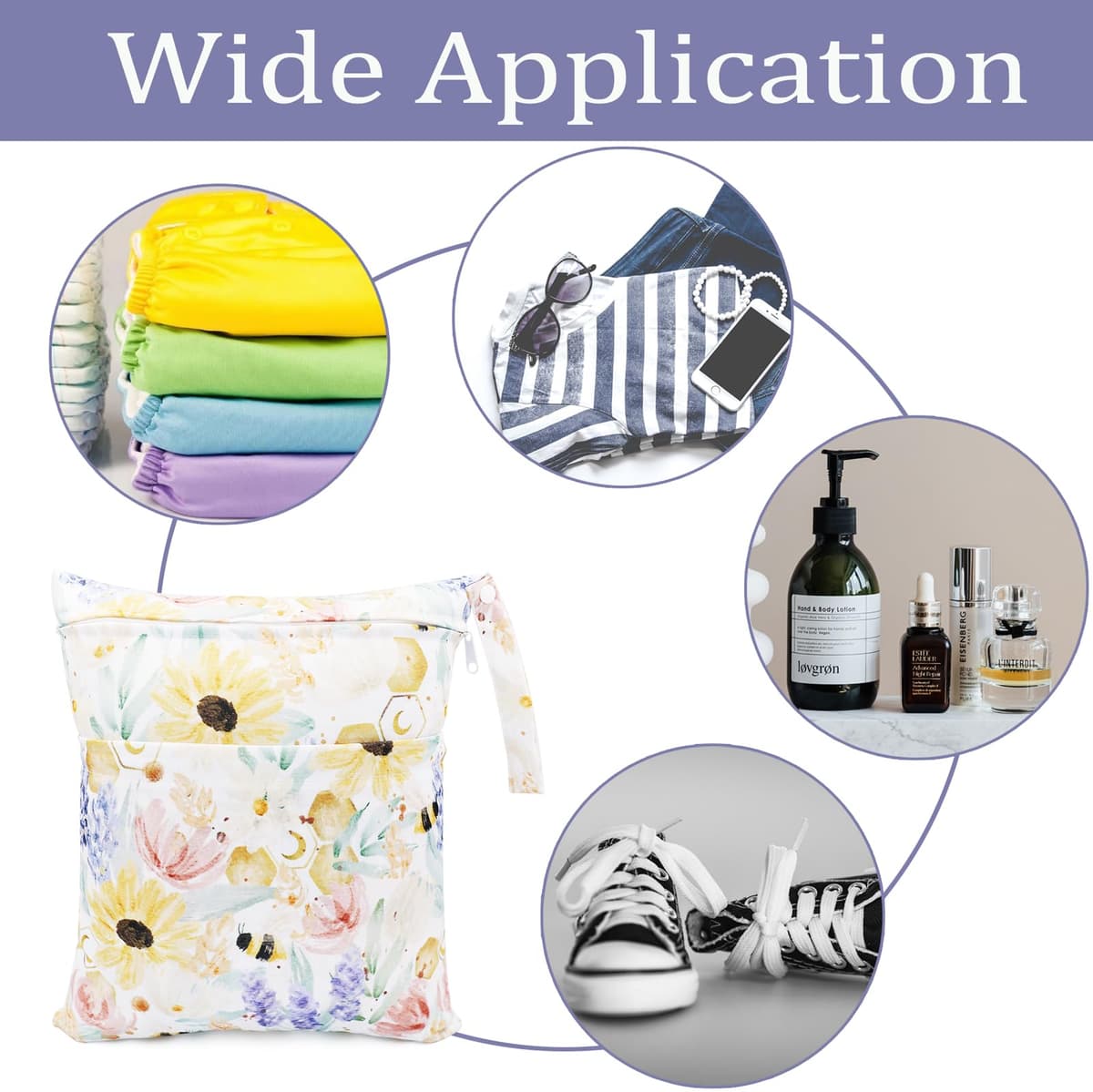 Wet Bag, 2 PCS Wet Dry Bags for Cloth Diapers Nappy Daycare Organiser Storage Bags, Waterproof Washable Reusable Zipper Bag (Colourful) — view 5