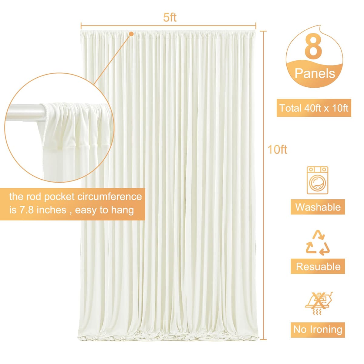 40ft x 10ft Ivory Backdrop Curtain for Wedding Ivory Wrinkle Free Backdrop Drapes Panels for Parties Baby Shower Bridal Shower Birthday Photo Photography Polyester Fabric Background Decoration — view 5