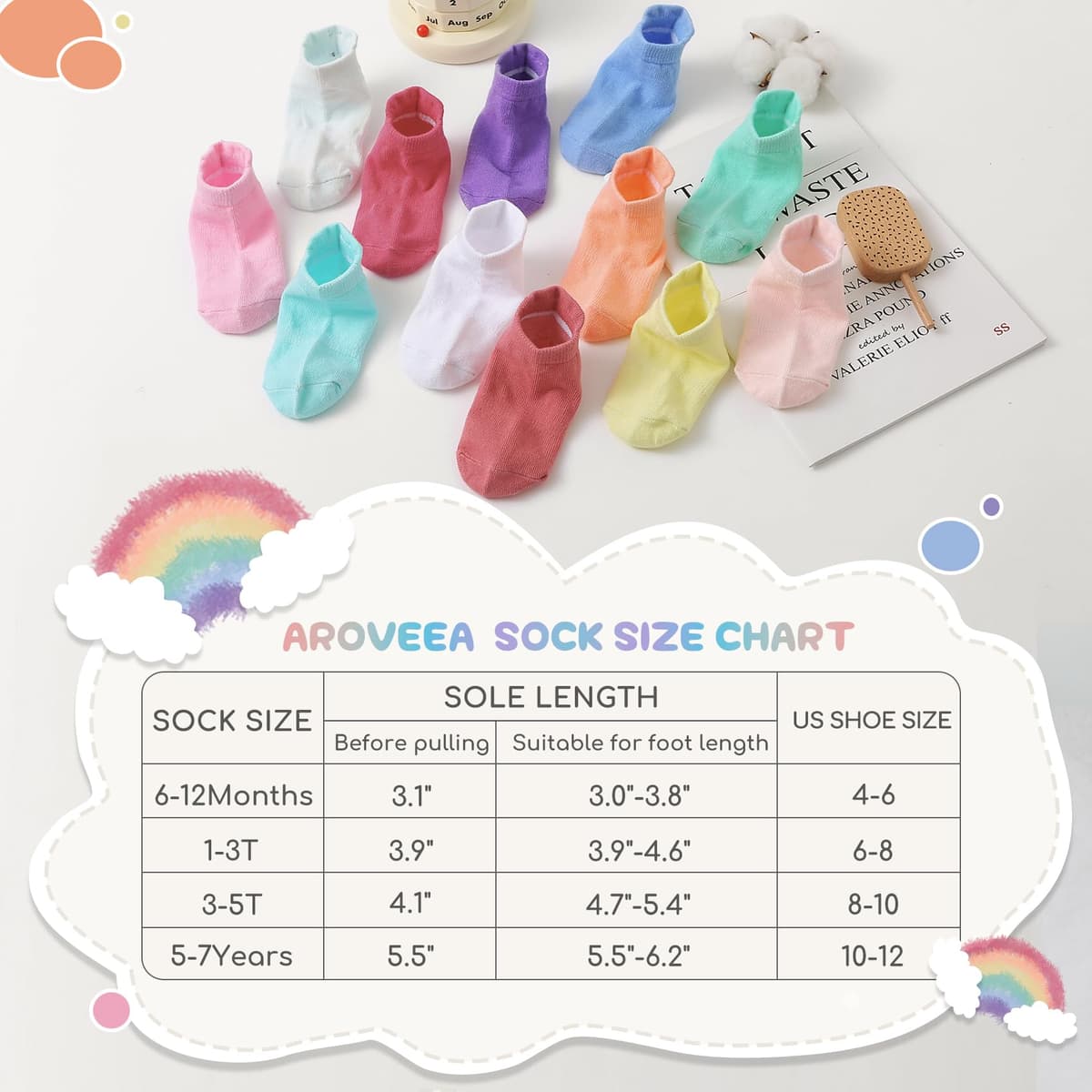 Aroveea Calcetines Antideslizantes Bebés y Niños Pequeños, 12 Pares Algodón Lindos de Tobillo, 6 Meses-7 Años — view 6