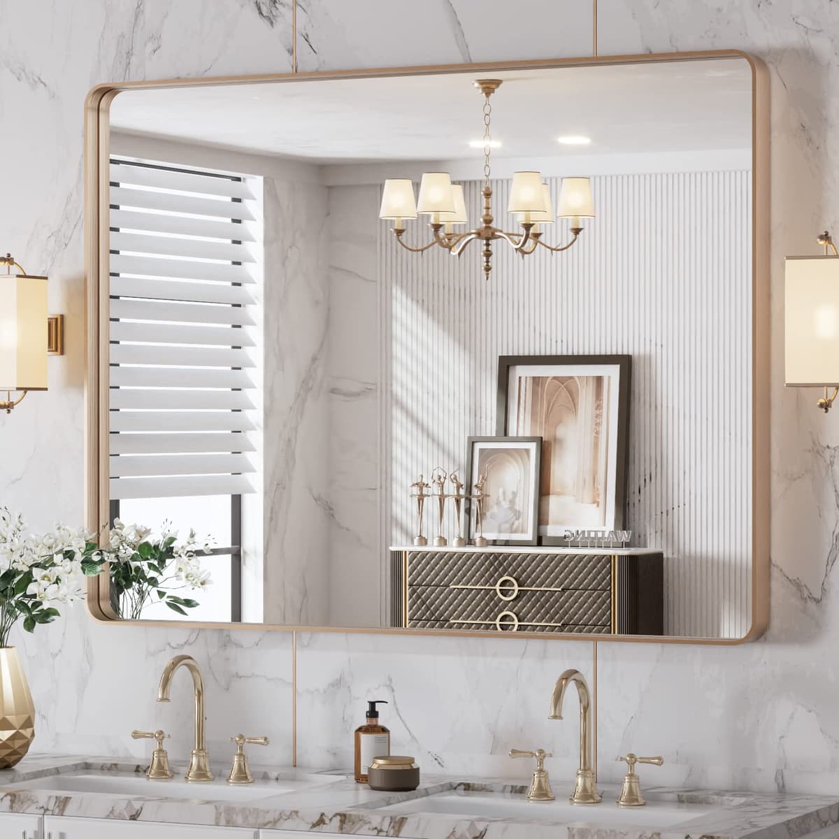 LOAAO 48”X36” Gold Bathroom Mirror, Rounded Rectangle Gold Frame Mirror, Brushed Gold Bathroom Vanity Mirror Wall-Mounted, Anti-Rust, Tempered Glass, Hangs Horizontally or Vertically — view 54