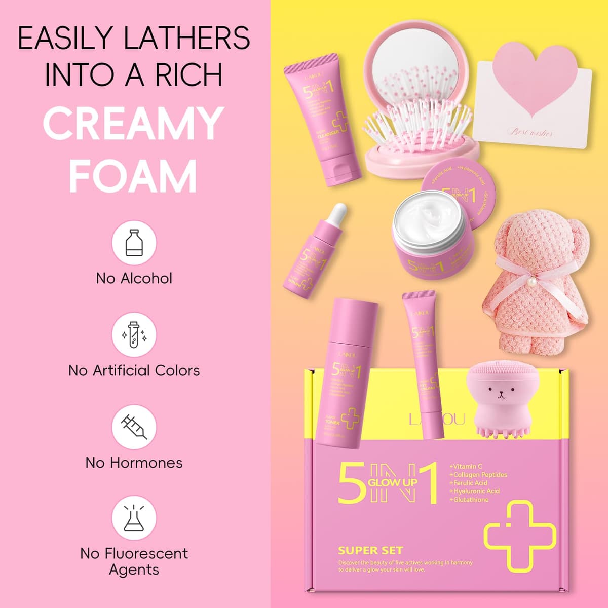 LAIKOU 5 in 1 Glow Up Skincare Set, 9 piezas Set Regalo Mujer Cuidado Facial, Rutina Diaria Facial Hidratante, ideal para San Valentín Día de la Madre y Cumpleaños — view 5