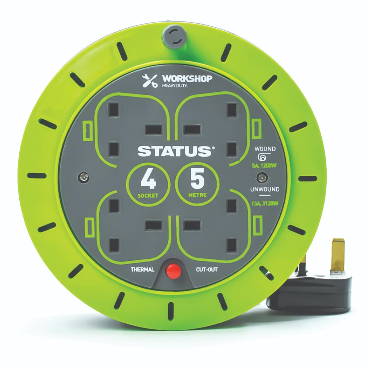 STATUS 4 Socket Cable Reel, 25m, Green, 13 Amp, Thermal Cut Out, Heavy Duty, Outdoor Extension Lead, Ideal for Garden, Workshop, DIY, Power Tools (S25M13ACR2) — view 15