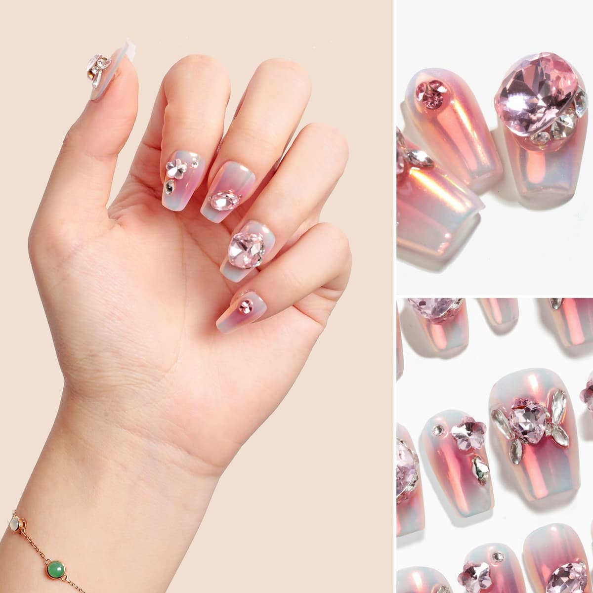 Sun&Beam Nails Handmade Press On Nail Long Coffin Ballerina Pink Flower Acrylic Fake Tip 3D Design Art Charms Cute with Storage Box 10 Pcs (S) — view 333
