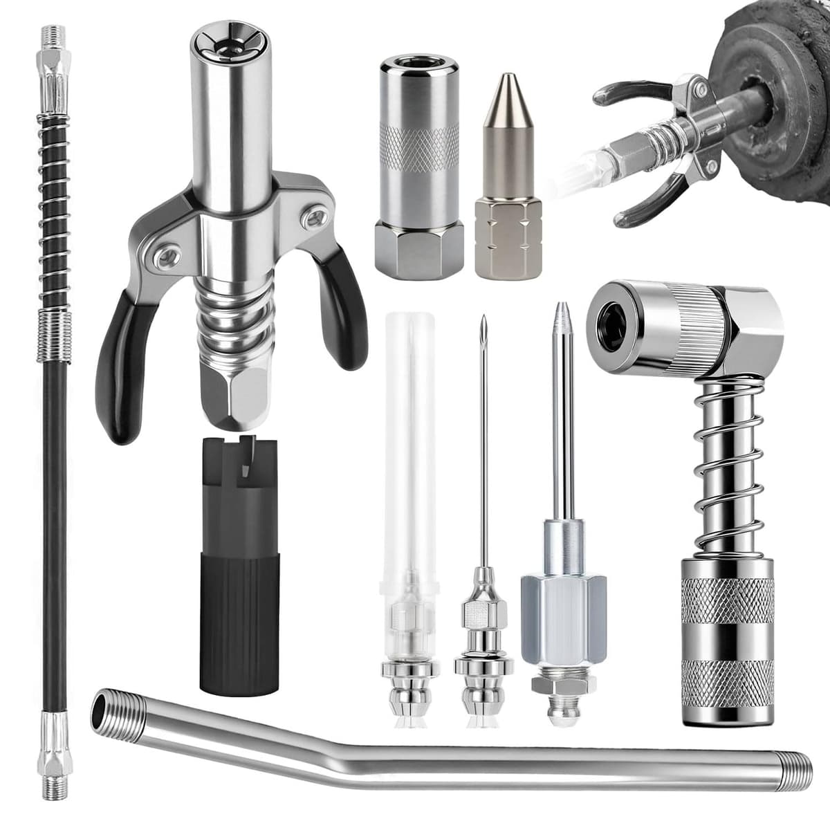 Kit de 10 Boquilla Engrasadora Boquillas De Engrase Autobloqueante de Doble Mango, Boquilla a 90°, Manguera de 30 CM y Accesorios Compatible con Engrasadora Manual, Eléctricos y Neumáticos