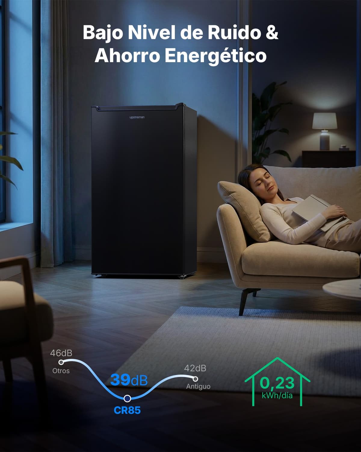 Upstreman 85L Frigorífico Sin Congelador, 0-12°C 5-niveles Regulación de Temperatura, LED-Beleuchtung, 39 dB Silencioso, Energéticamente Eficiente para Dormitorio, Oficina, Cocina, CR85-Negro — view 5