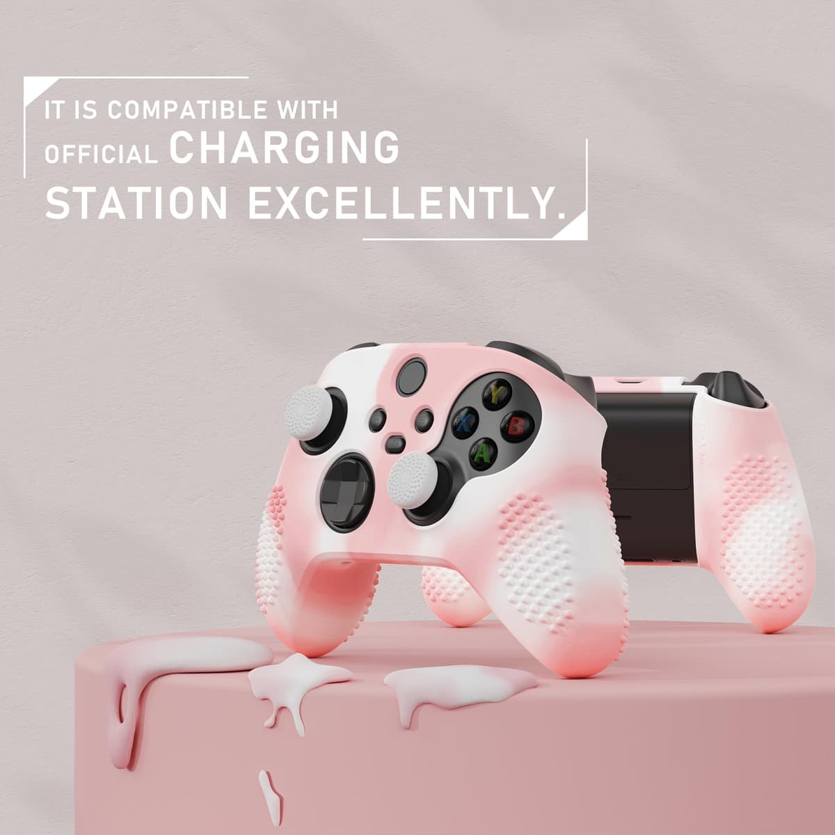 eXtremeRate PlayVital 3D Studded Edition Anti-Slip Silicone Cover Skin for Xbox Series X Controller, Soft Rubber Case Protector for Xbox Series S Controller with Thumb Grip Caps - Pink White — view 4