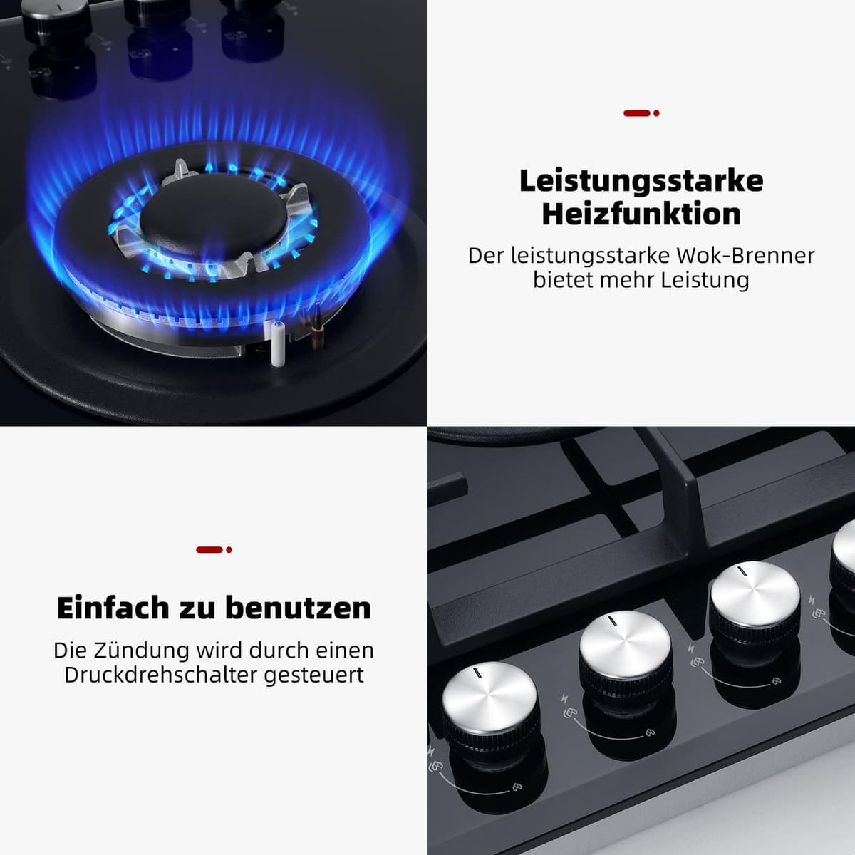 GASLAND GH2805BG1FC Placa de Cocina de Gas Butano Con Quemador Wok, 5 Fogones, Vidrio Negro, 76 cm, 10,4 KW — view 5