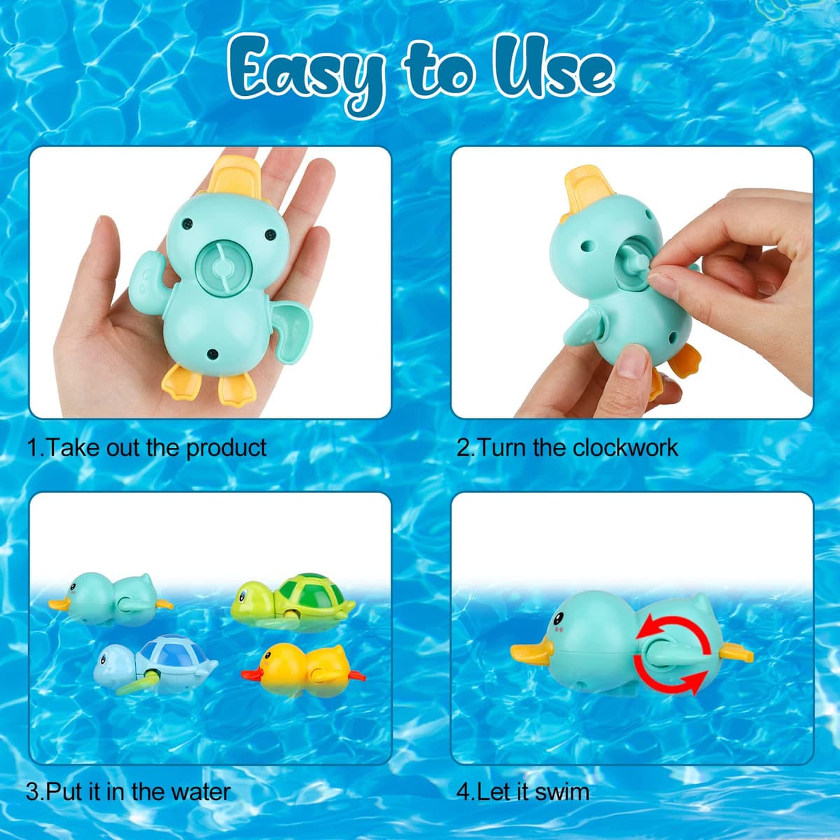 Pinenuts Baby Bath Toys, 4 Pcs Baby Bath Tub Toys Wind-up Toys Paddling Pool Toys Floating Swimming Ducks & Turtles Water Toys for Toddler Kids Girls Boys Bath-time Shower Gifts — view 2