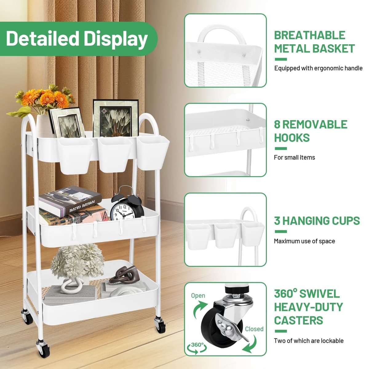 JOYBOY Carrito Auxiliar con Ruedas,Carrito de Cocina,Carro Rodante con Ruedas Bloqueables,Ganchos para Colgar Tazas,Marco de Acero,Carro Servicio 3 Niveles,con Lindas Pegatinas,Blanco — view 3