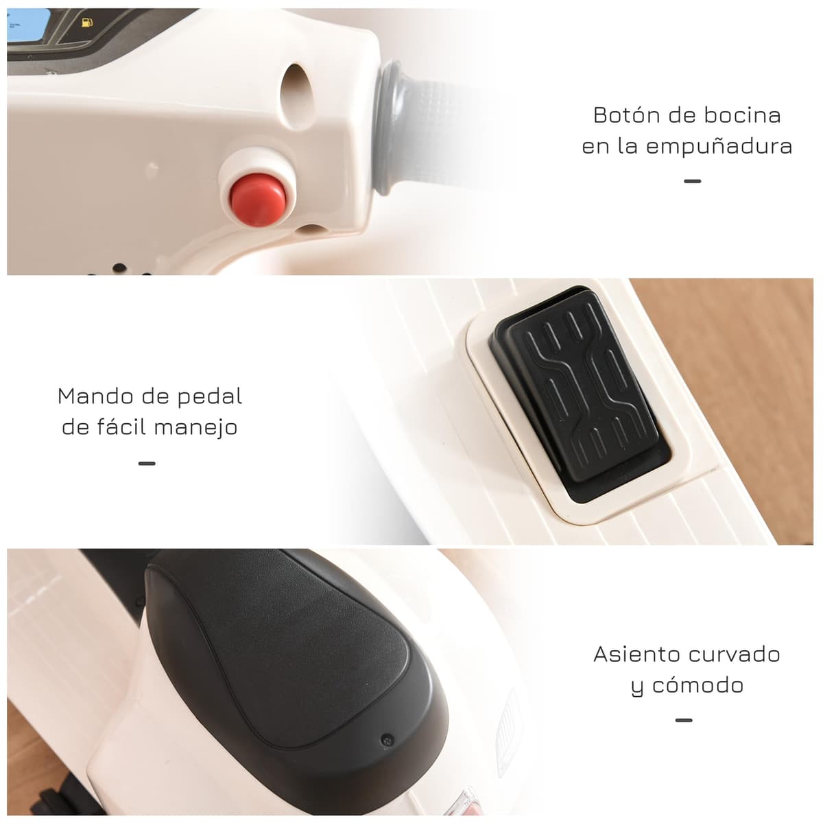 HOMCOM Moto Eléctrica Vespa para Niños de 18-36 Meses Moto de Batería 6V con Faro Bocina y 4 Ruedas Motocicleta Infantil con Licencia 66,5x38x52 cm Blanco — view 4