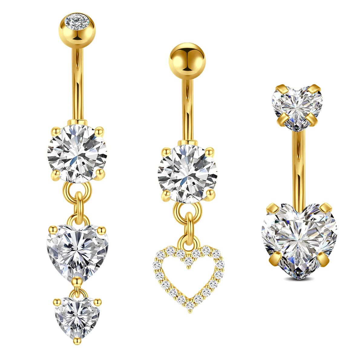FECTAS 3pcs Belly Button Bars Silver Gold Belly Bar Surgical Steel 14G Navel Bars Belly Button Piercing Jewellery Heart Butterfly Dangle — view 4