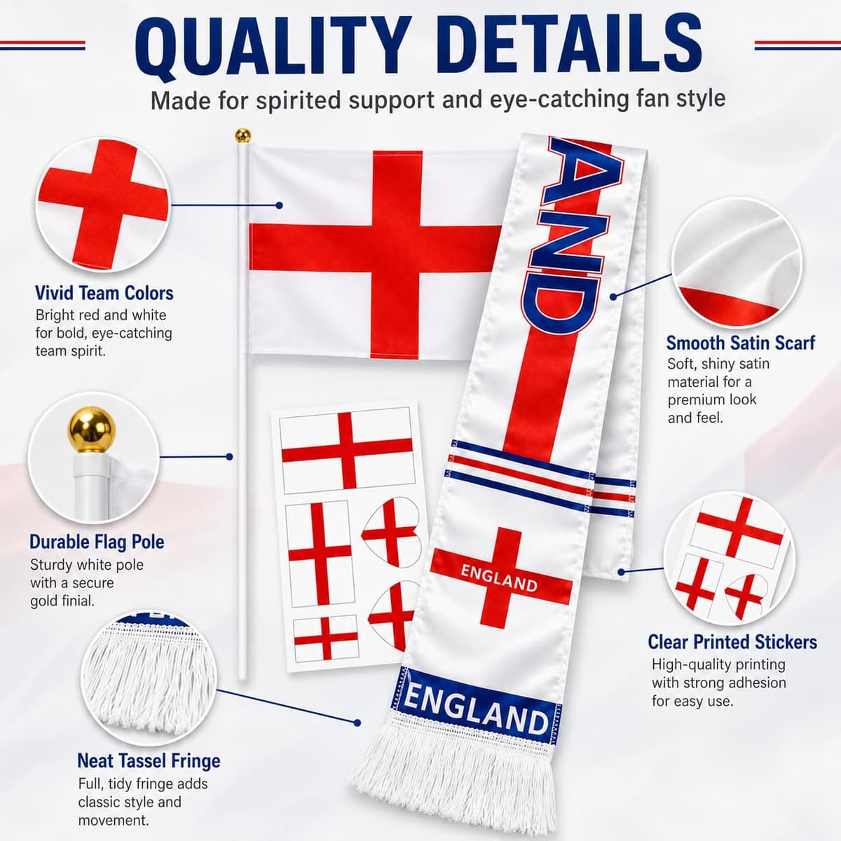 England Fan 5-Piece Set Scarf Flags Tattoos, World Cup 2026 Merchandise, Perfect to Match Your England Football Shirt for Men Women Boys Girls Pub Stadium — view 4