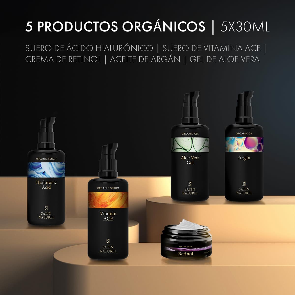Satin Naturel Set de Regalo de Lujo para Mujer 5x30 ml – Gel de Aloe Vera, Aceite de Argán, Sérum Vitamina C, Sérum Ácido Hialurónico y Crema con Retinol – Cosmética Vegana – Edición Premium — view 3