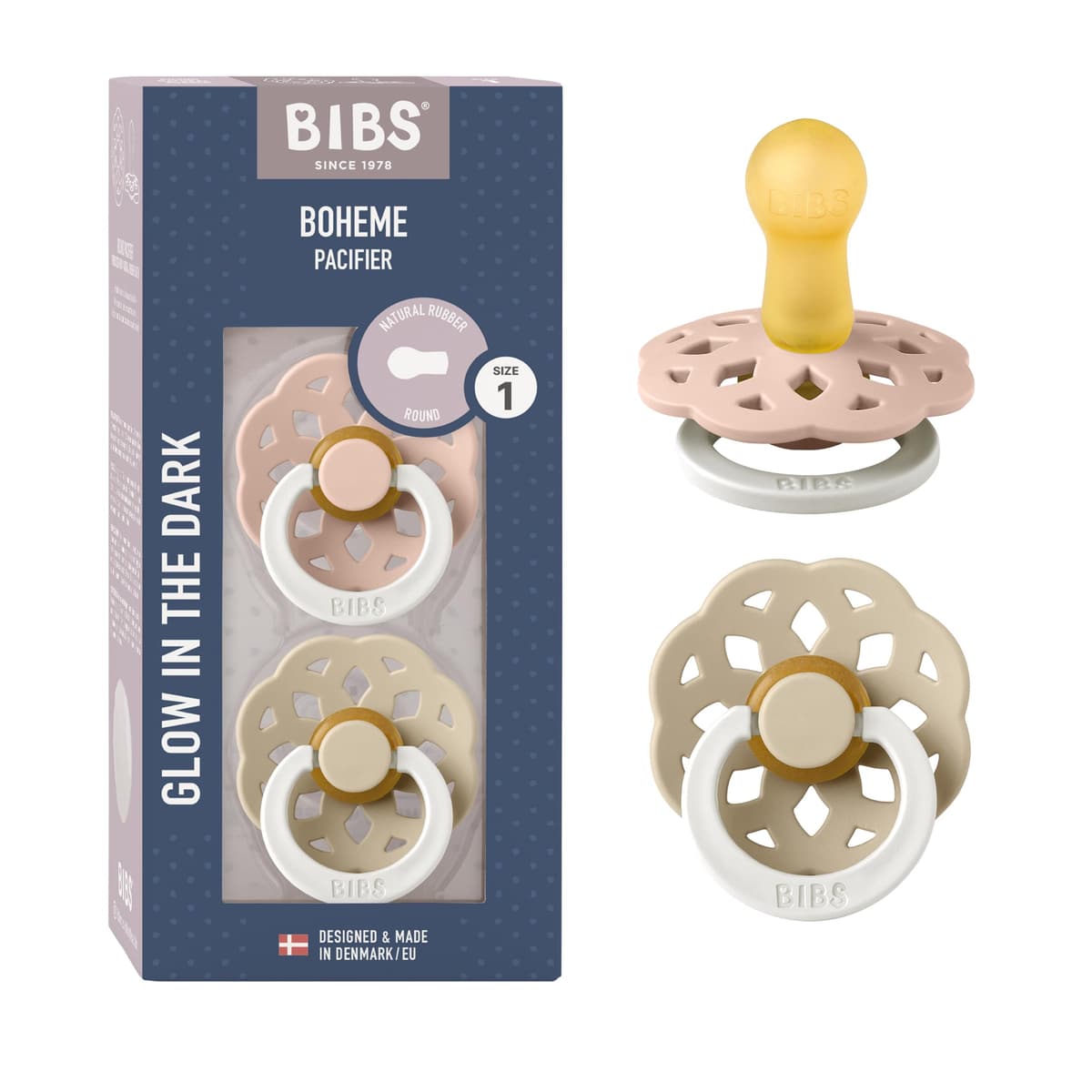 BIBS Boheme Paquete de 2 chupetes. Libre de BPA, Tetina redonda. Látex natural, Talla 1 (0-6 meses), Ivory/Blossom — view 28