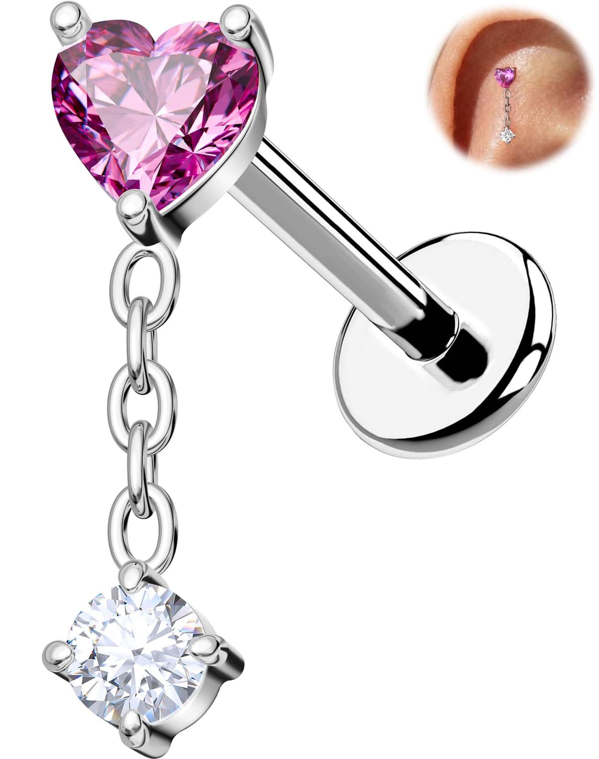 OUFER Body Piercing Labret Stud: 18G Threadless Titanium Heart CZ Labret Piercing Jewelry for Women 6mm Bar Gold/Silver Cartilage Tragus Helix Earring Lip Piercings — view 7