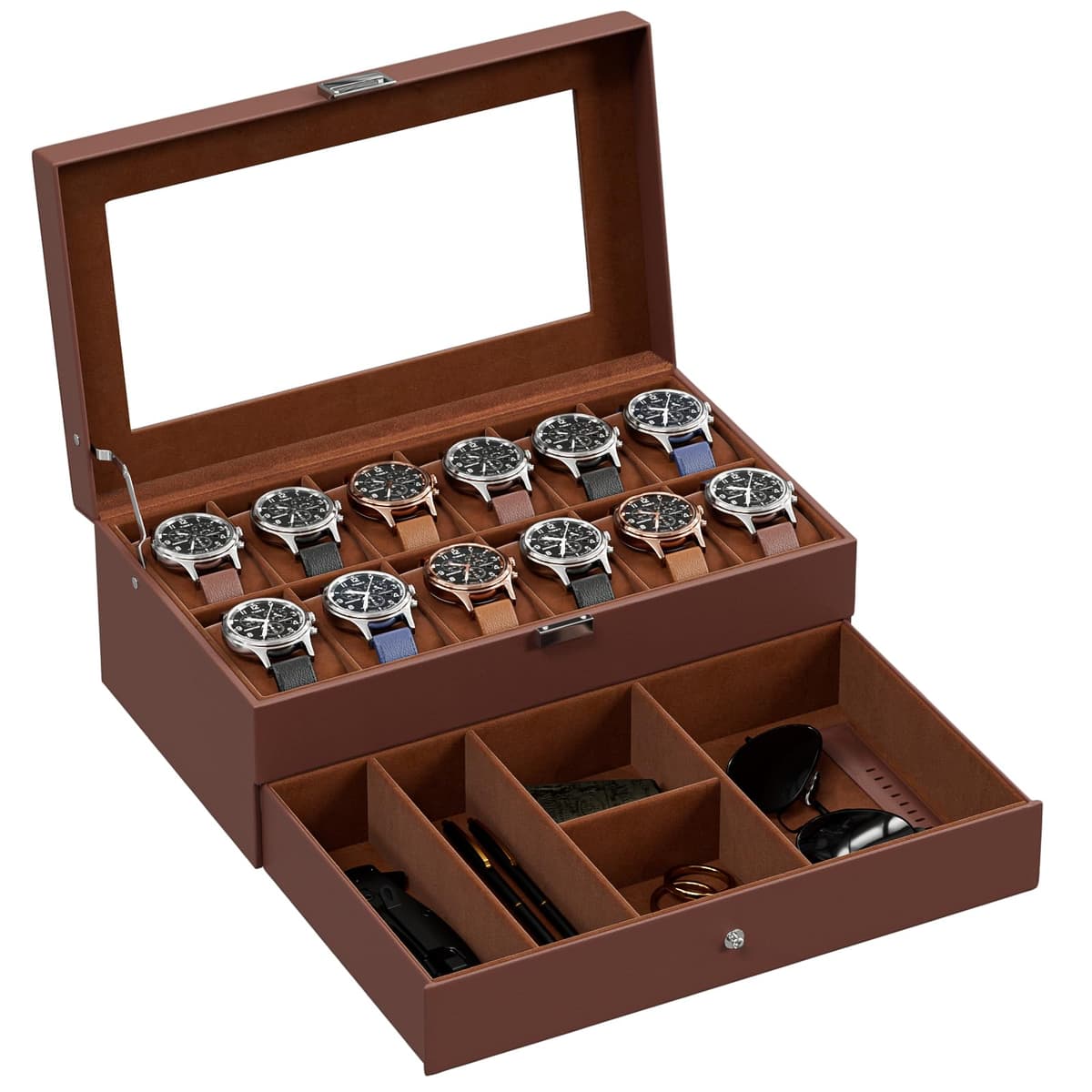 ProCase Caja de Relojes de 6 Ranuras con Cajón, Funda Organizadora de Reloj de 2 capas con Tapa de Cristal, Estuche de Almacenamiento para Hombres y Mujeres -Negro — view 11