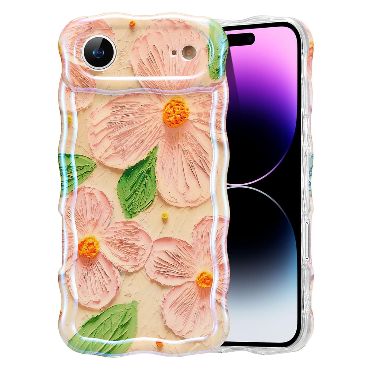 EYZUTAK Case for iPhone 16, Colorful Retro Oil Painting Printed Flower Laser Glossy Pattern Cute Curly Wave Edge Exquisite Phone Cover Stylish Durable TPU Protective Case for Girl Women-Green — view 107
