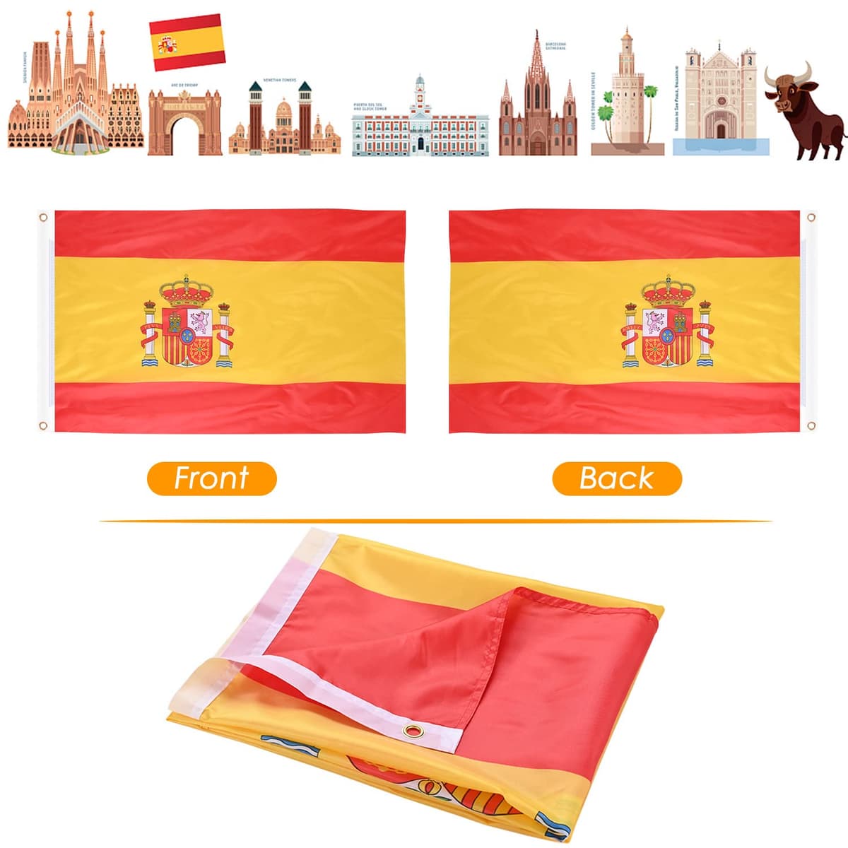 AhfuLife Bandera de España 90cm x 150cm, 2 Piezas Bandera Española con Agujeros de Latón en Ambos Lados, para Decoraciones de Fiestas, la Copa del Mundo, Día Nacional, Jardín, Calle — view 6
