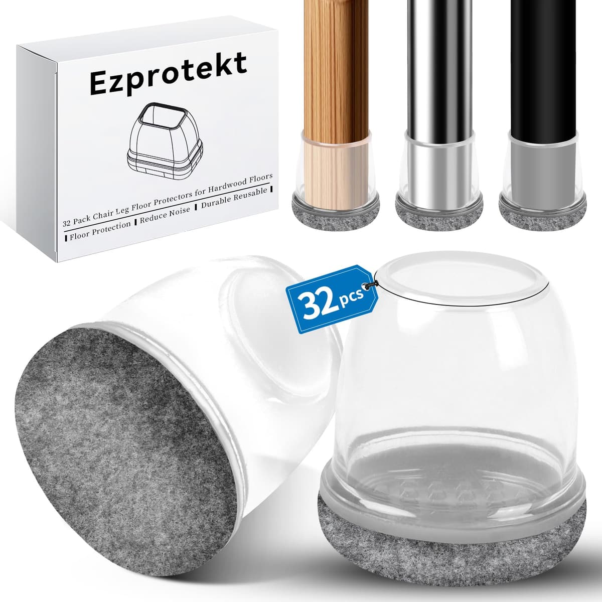 Ezprotekt Protectores de Suelo Transparentes para Patas de Silla 20-28mm, 16 Tapones de Silicona con Fieltro Envuelto, Fundas de Silicona Redondo — view 46