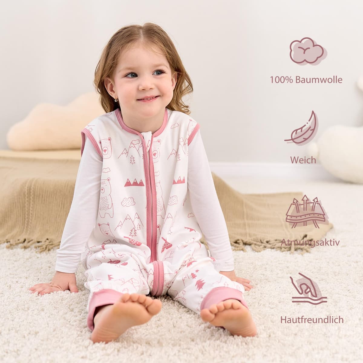 Looxii Pack de 2 Saco de Dormir bebé con Pies 0.5 TOG Algodón sacos de dormir de verano para 3-4 año Niños Niñas 90 cm Oso Rosa — view 2