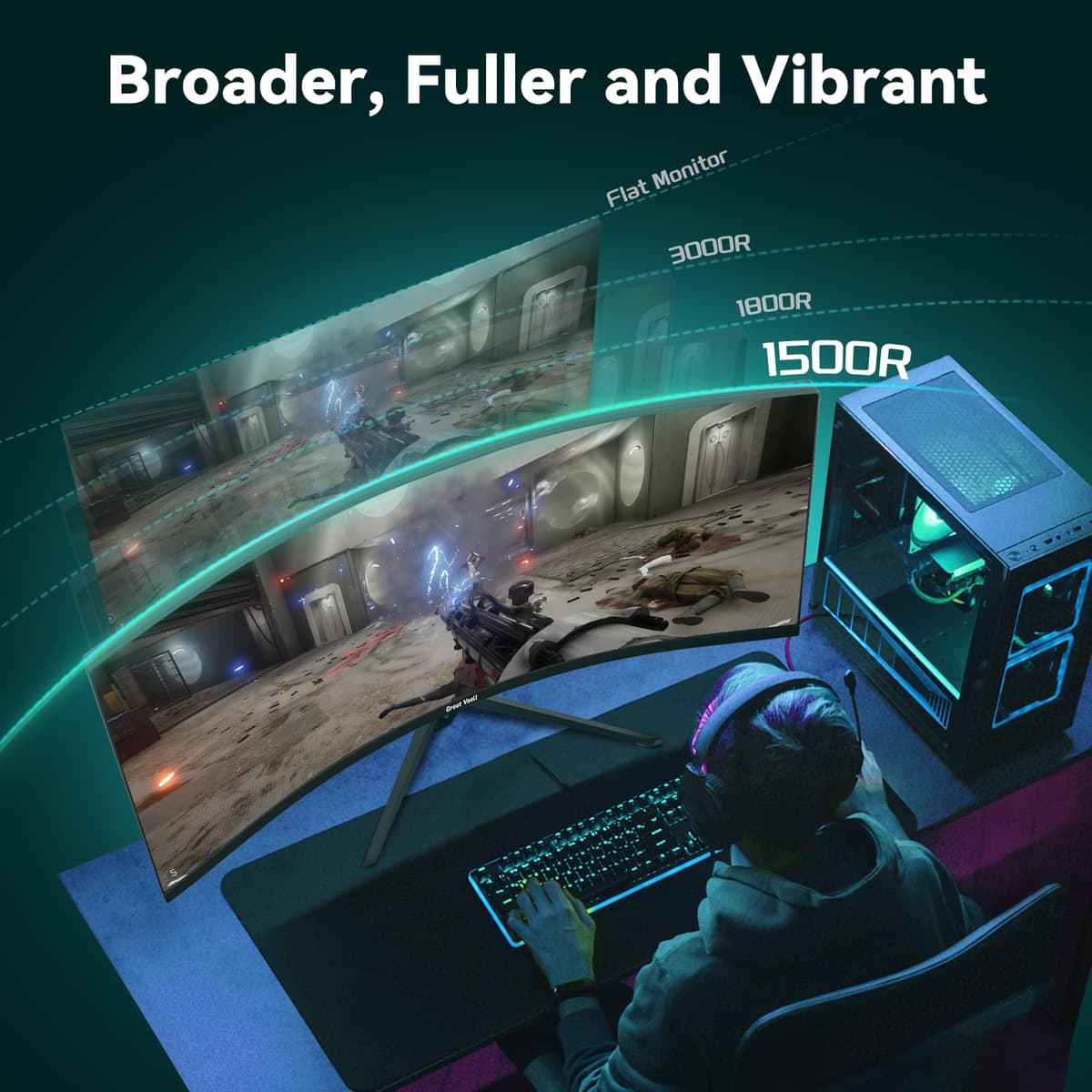 Great voell 34 inch Ultrawide Curved Gaming Monitor, 4K UWQHD(3440x1440) 165Hz PC WideScreen, 1500R 21:9 1ms MPRT, 127% sRGB VA panel 4000:1 contrast ratio, FreeSync, HDMI/DP, HDR, VESA Mountable — view 5