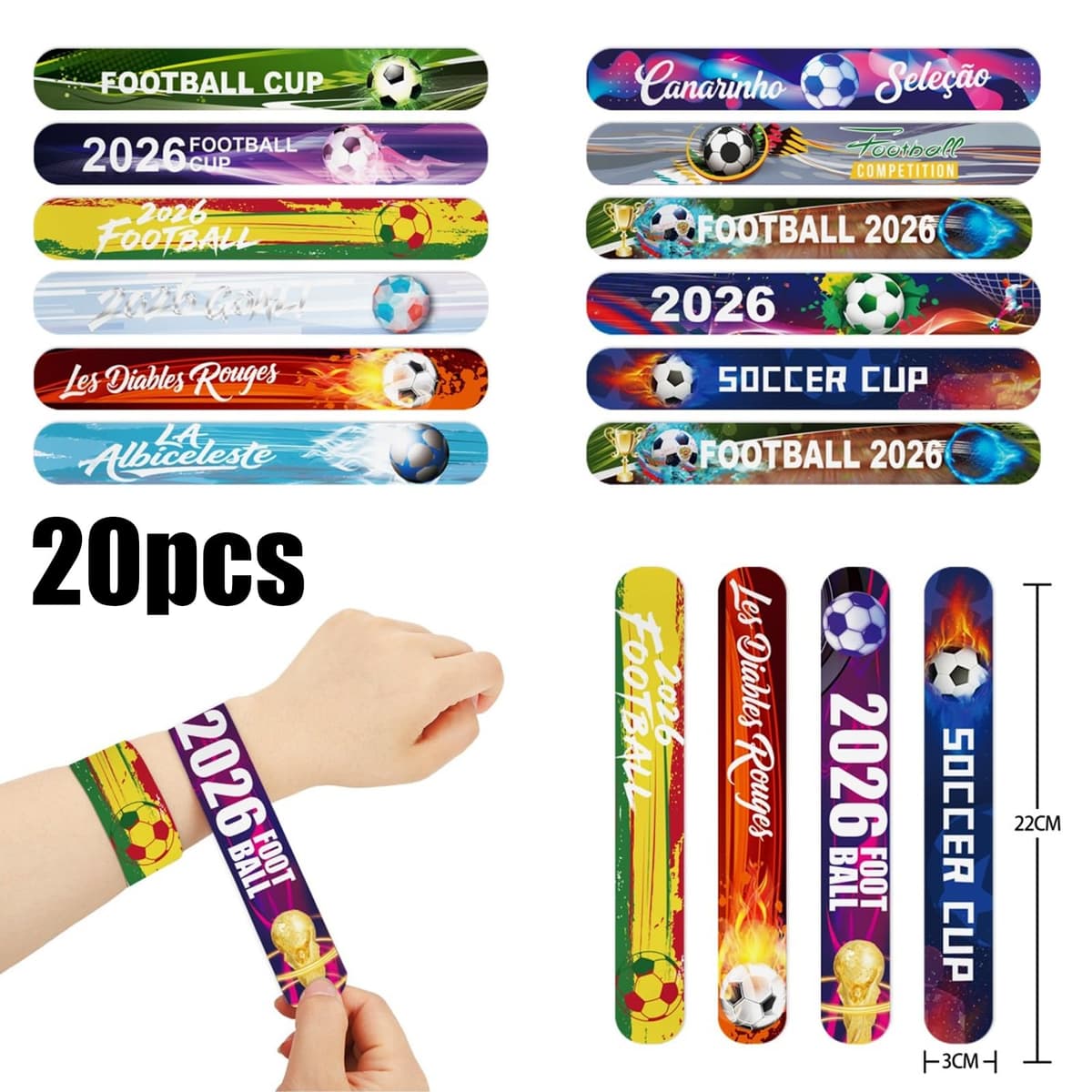 20PCS World Cup Football 2026 Football Gifts for Boy Slap Bands (Random Style) Colorful Wristbands Feature Bold Designs Including National Team ​Themes Game Day Decoration 22x3cm — view 2