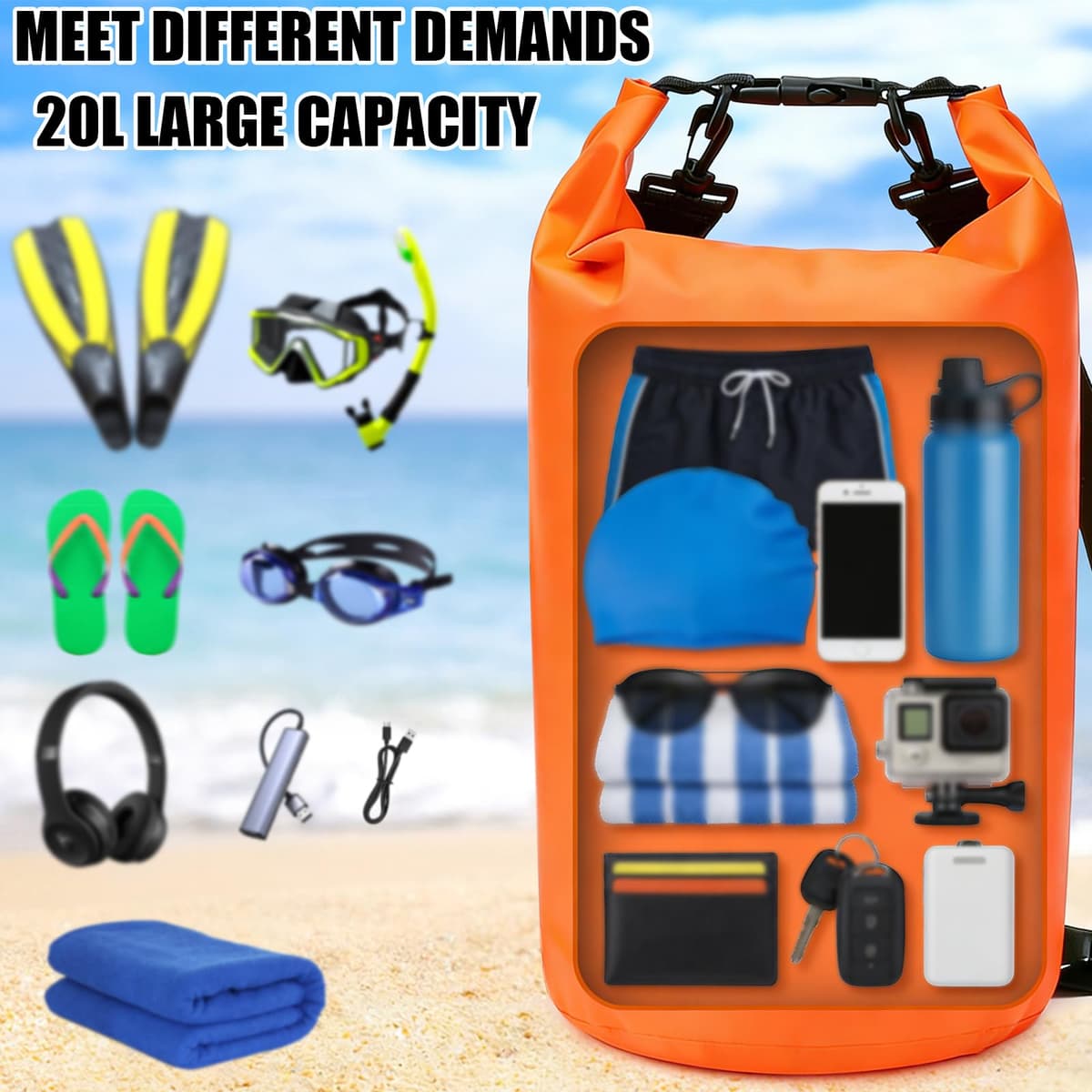 PQETBV Bolsa Estanca, 20L Bolsa Impermeable Mochila Estanca, Bolsa Seca con Correa de Hombro Ajustable para Barcos, Kayak, Pesca, Rafting, natación, Camping, Snowboard — view 5
