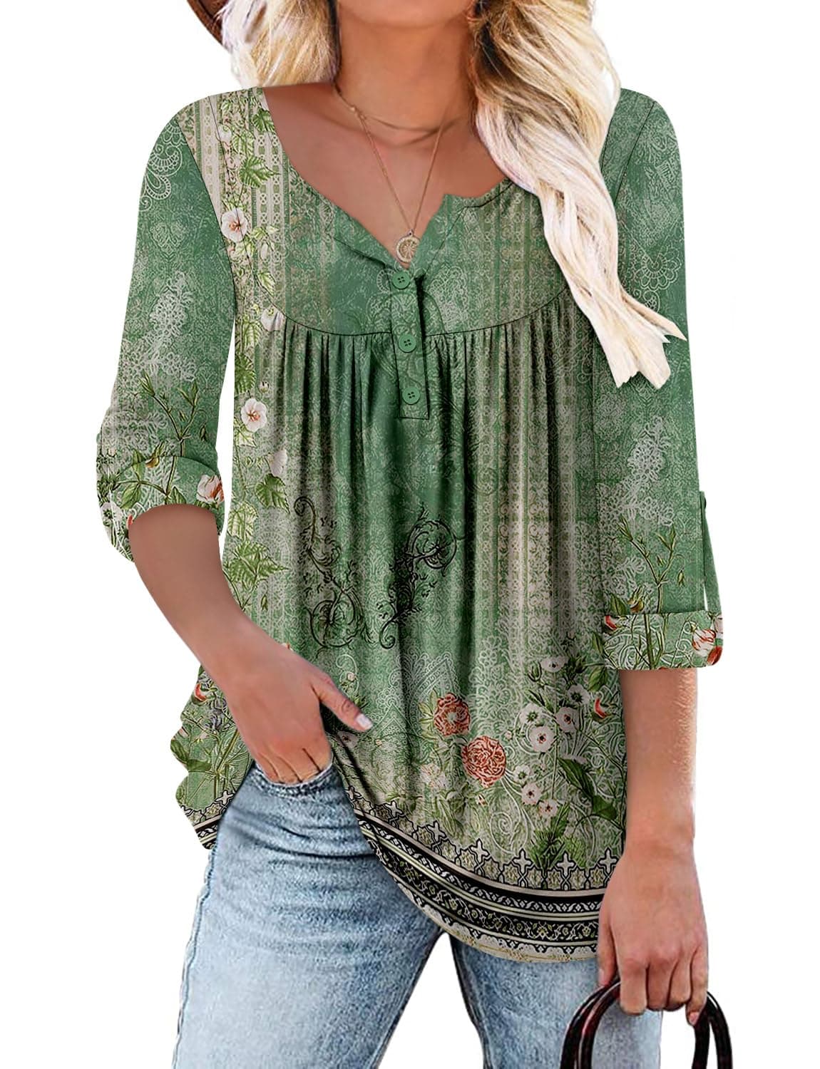 KISSMODA Ladies Pleated Tunic Tops for Women Buttons up Long Sleeve Shirts Floral Print — view 30