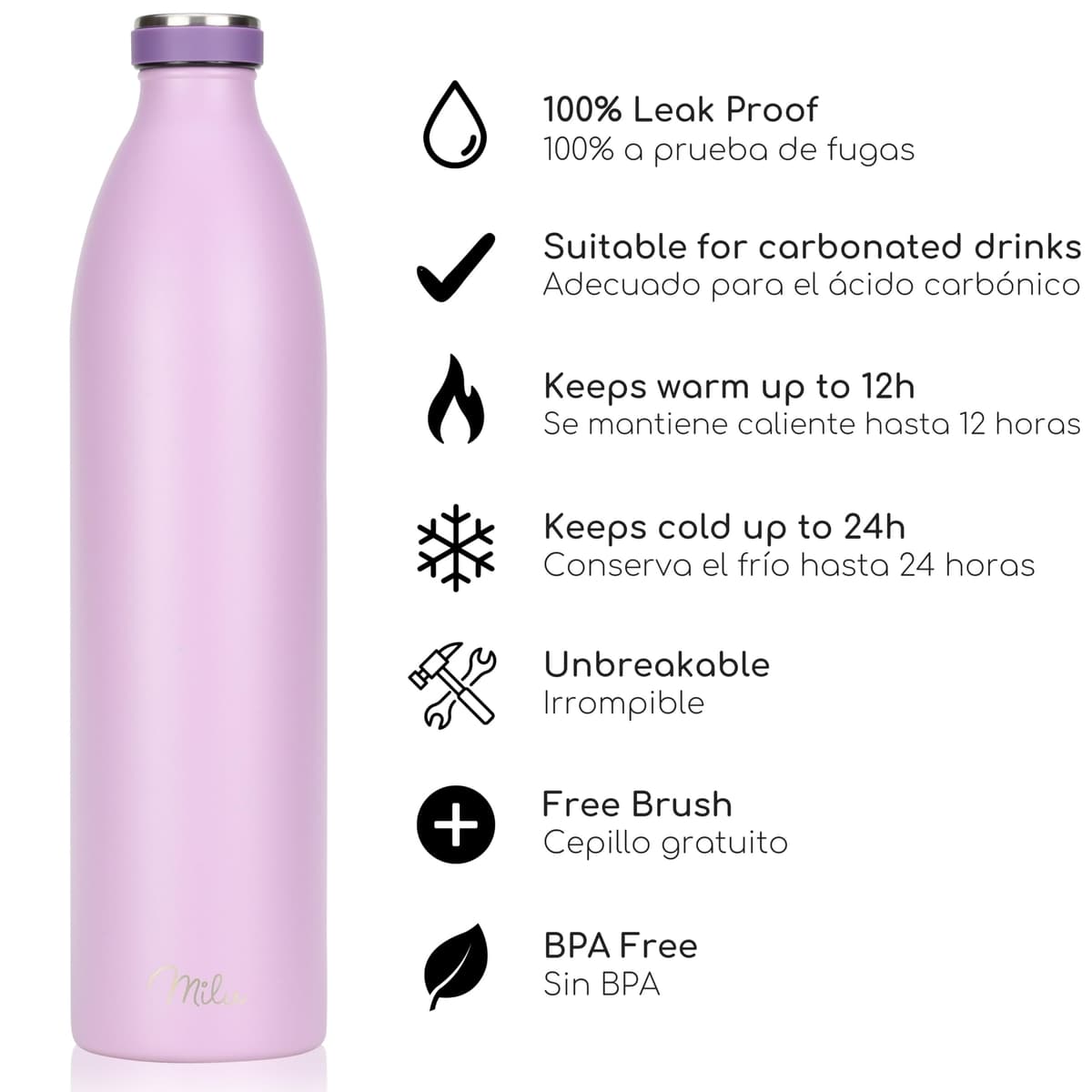 Milu Botella de acero inoxidable de 350ml 500ml 750 ml 1 L 1,5 L botella de agua aislada, termo a prueba de fugas, doble pared, apta para ácido carbónico + cepillo de limpieza (Azul Violeta, 350ml) — view 31