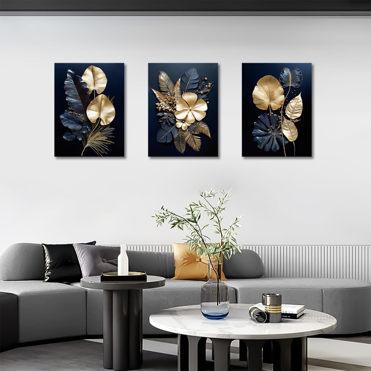 FajerminArt 3 Panels Modern Canvas Wall Art Navy Blue Gold Flowers Coconut Leaves Pictures Painting on Canvas Prints for Living Room Bedroom Office Wall Decoration Stretched On Frame 40x60cmx3Pcs — view 4