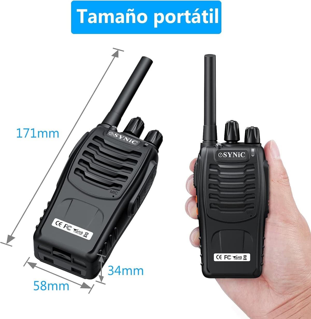 eSynic 2PCS Walkie Talkies de Larga Distancia con Auriculares Walkie-Talkie Profesional 16 Canales 1500mAh con Cargador USB Soporta VOX para Sobrevivir en el Campo Ciclisimo — view 3