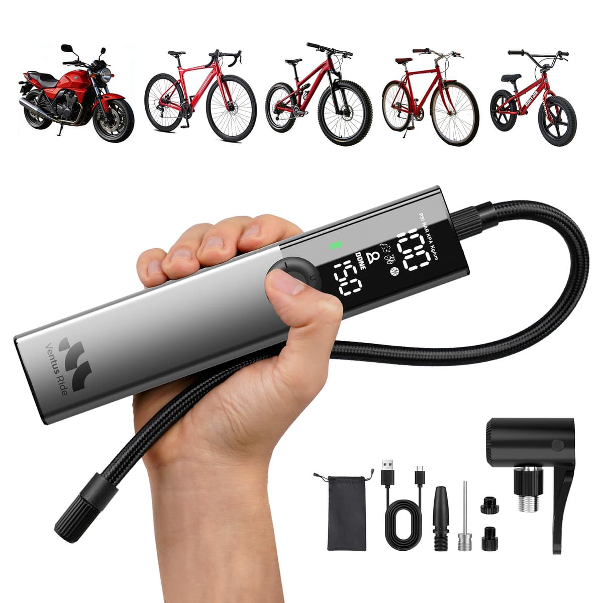 Woowind Ventus Ride Electric Bike Pump, 150PSI / 10.3Bar Tyre Pump, 1 Minute Inflation, Portable Air Pump with Presta, Schrader, and Dunlop Valve for Road, Mountain & E-Bike, with Auto Shut-Off