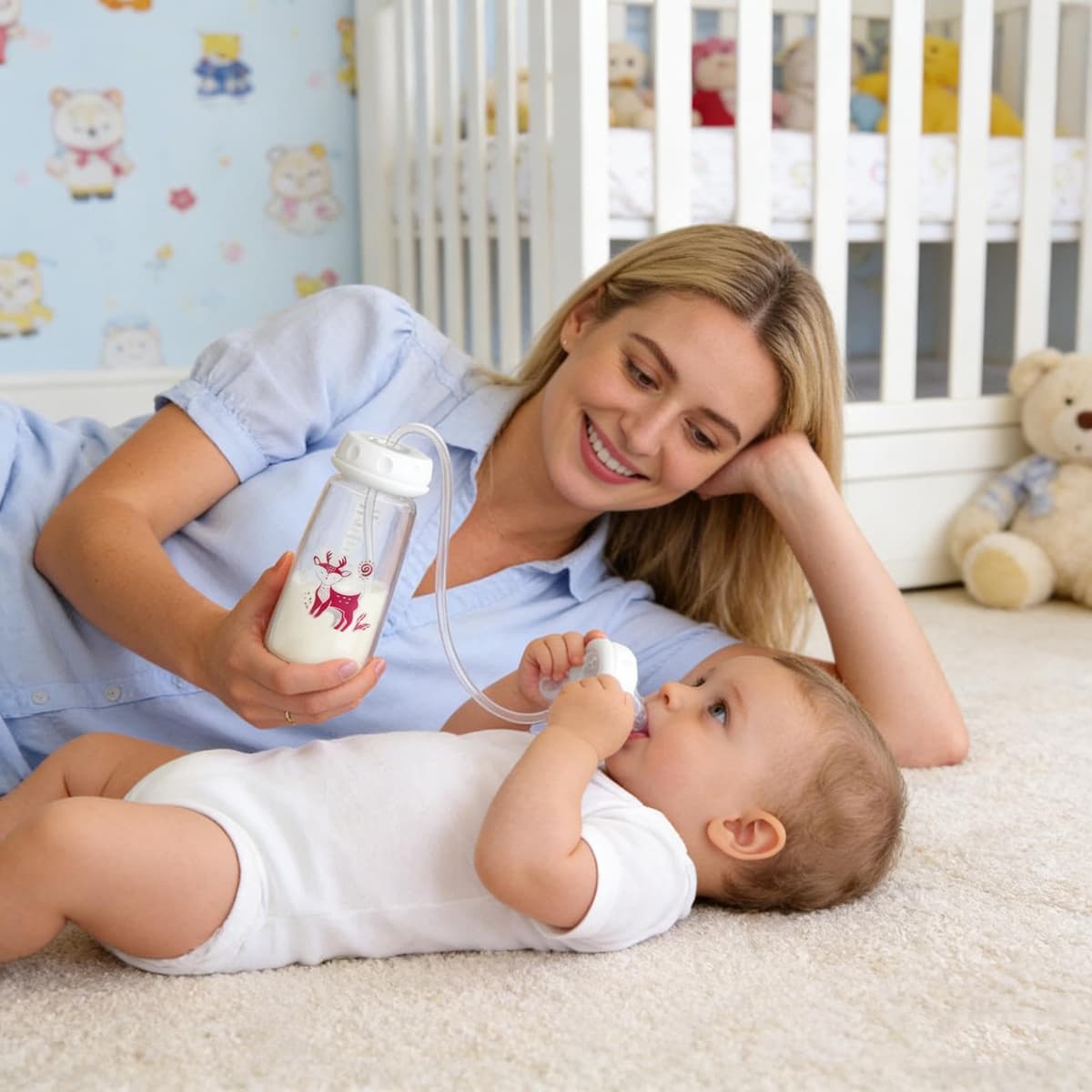 Hands Free Babys Bottle, 240ML Leakproof Self Feeding Babys Bottle, Adjustable Self Feeding Bottles with Nipple Straw, Anti Colic Pacifier Bottles Feeder Hands Free, for Girls & Boys — view 7