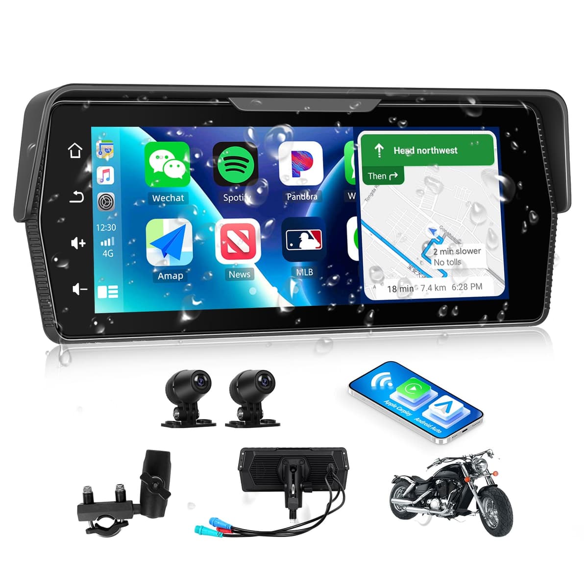 CAMECHO 2025 Moto Carplay con Dual-Kameras Wireless CarPlay y Android Auto Inalámbrico, Moto Pantalla 6.86" HD IP67 Impermeablepara Motocicletas con DVR/Bluetooth/EQ