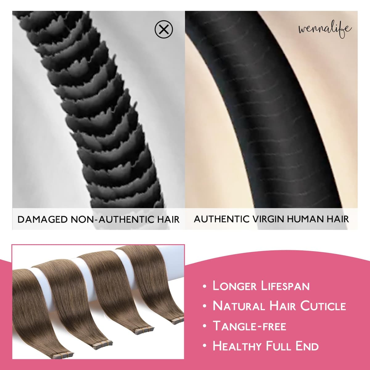 WENNALIFE Extensiones Adhesivas Pelo Natural, Marrón ceniza claro 45cm 25g 10 Piezas Extensiones de Remy Pelo Natural Cabello Humano Mechas Pelo Lacio Invisible para Niñas Mujeres Trenzas — view 3